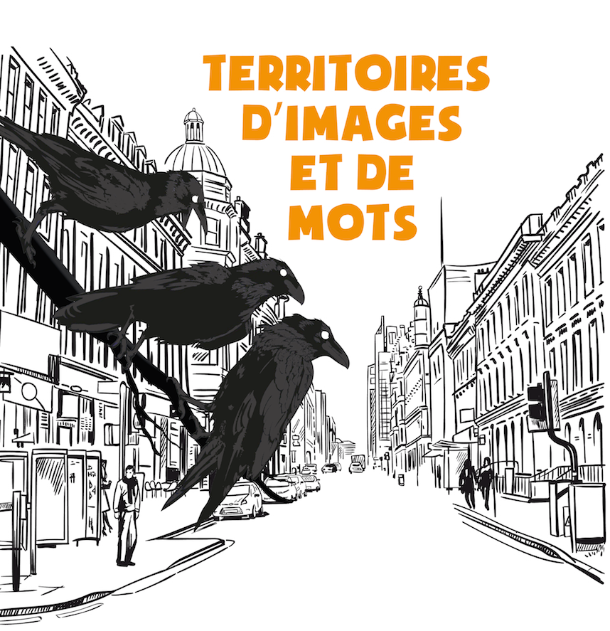 Dessin de la place bockstael avec des corbeaux et un titre "Territoires d'images et de mots"
